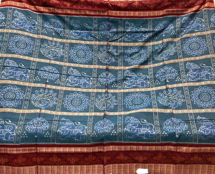 Beautiful lotus peacock lion etc motifs Sambalpuri cotton Ikat saree with blouse piece