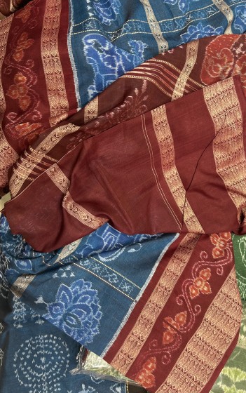 Beautiful lotus peacock lion etc motifs Sambalpuri cotton Ikat saree with blouse piece