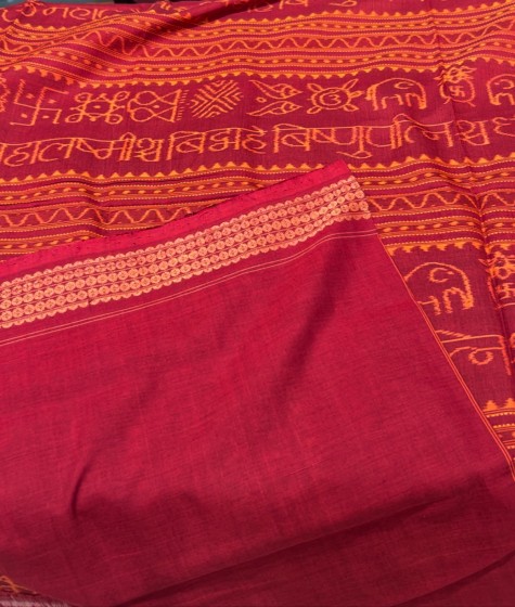 Beautiful Ikat weave Shri Laxmi mantra and spiritual motifs Cotton Saree with blouse piece