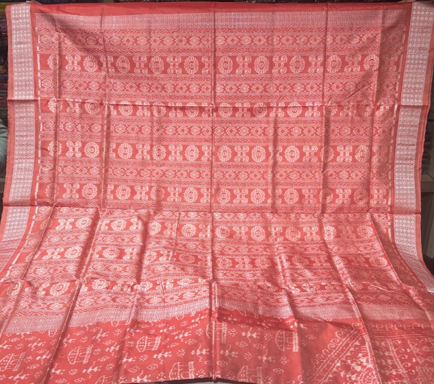 Exquisite intricately woven tribal motifs peach color Ikat weave Silk saree with blouse piece