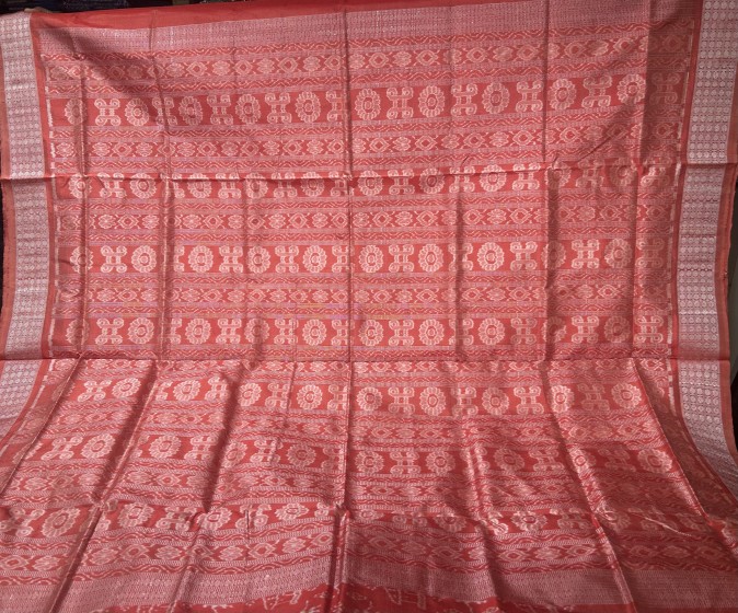 Exquisite intricately woven tribal motifs peach color Ikat weave Silk saree with blouse piece