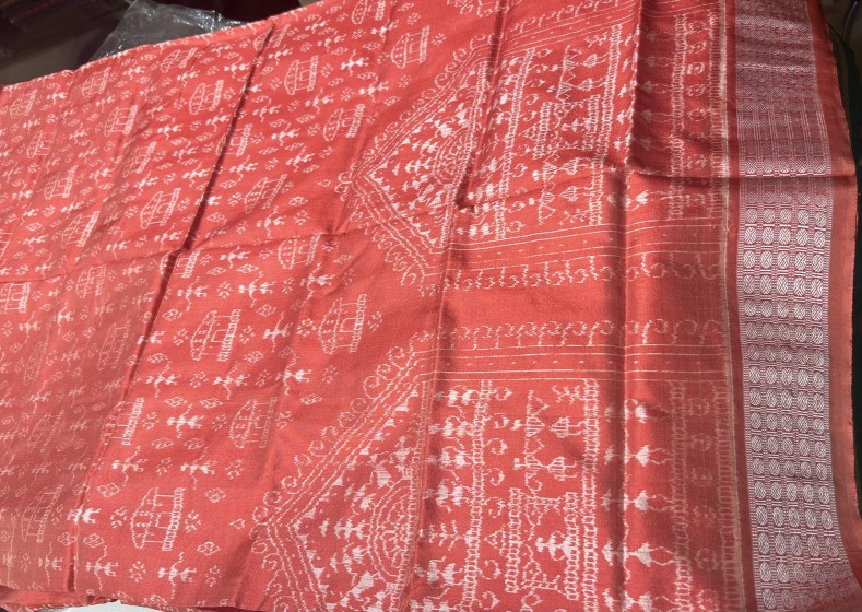 Exquisite intricately woven tribal motifs peach color Ikat weave Silk saree with blouse piece