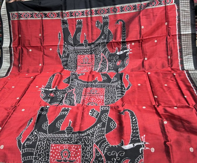 Maroon black combination beautiful elephant motifs Ikat silk saree with blouse piece