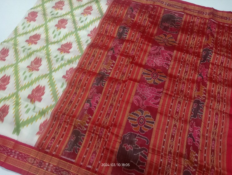 Lotus motifs body with animal motifs Aanchal Khandua silk saree without blouse piece