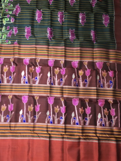 Exclusively woven flower motifs Aanchal with body stripes and lotus motifs Khandua silk saree