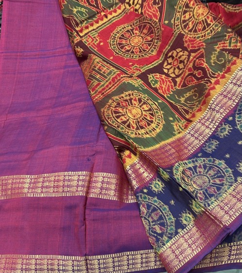 Exclusively woven temple theme with wheels and lion motifs cotton Ikat saree with blouse piece