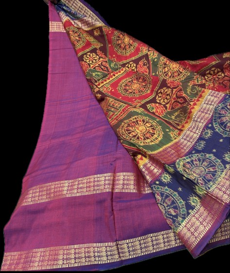 Exclusively woven temple theme with wheels and lion motifs cotton Ikat saree with blouse piece