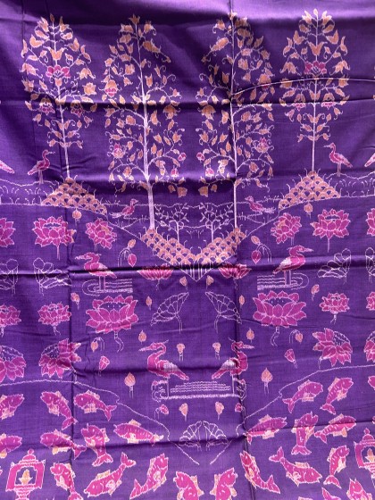 Exclusively woven fish lotus tree motifs cotton Ikat saree with blouse piece