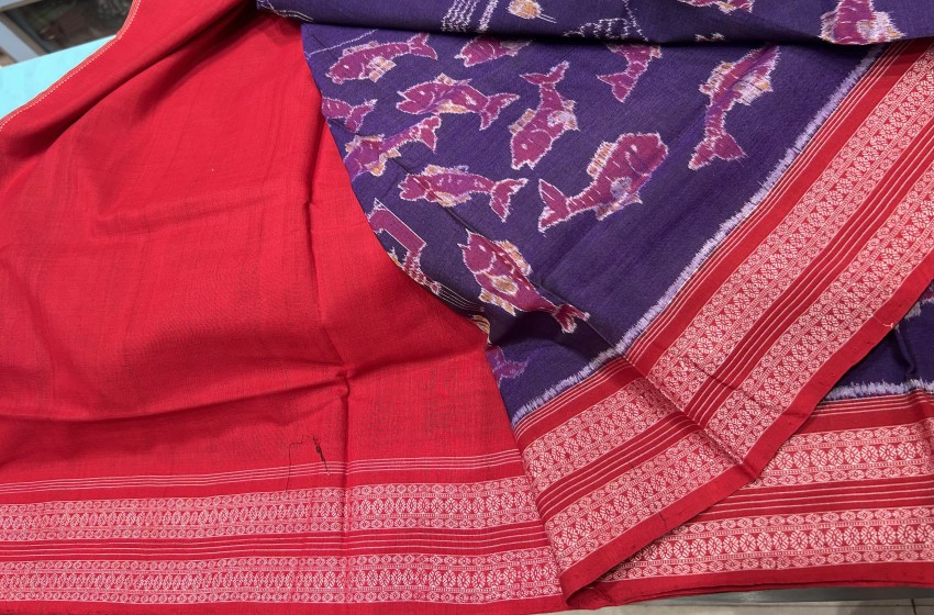 Exclusively woven fish lotus tree motifs cotton Ikat saree with blouse piece