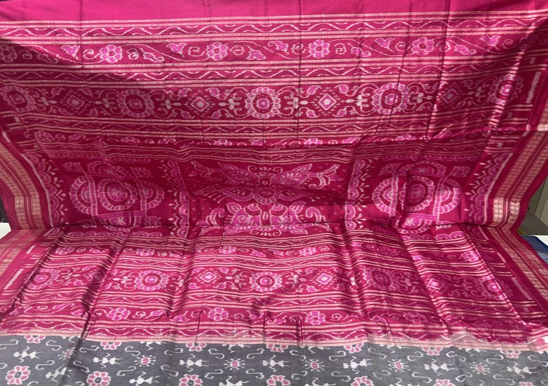 Beautiful gray and pink combination traditional Ikat weave silk saree with blouse piece