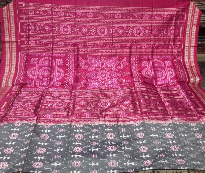 Beautiful gray and pink combination traditional Ikat weave silk saree with blouse piece