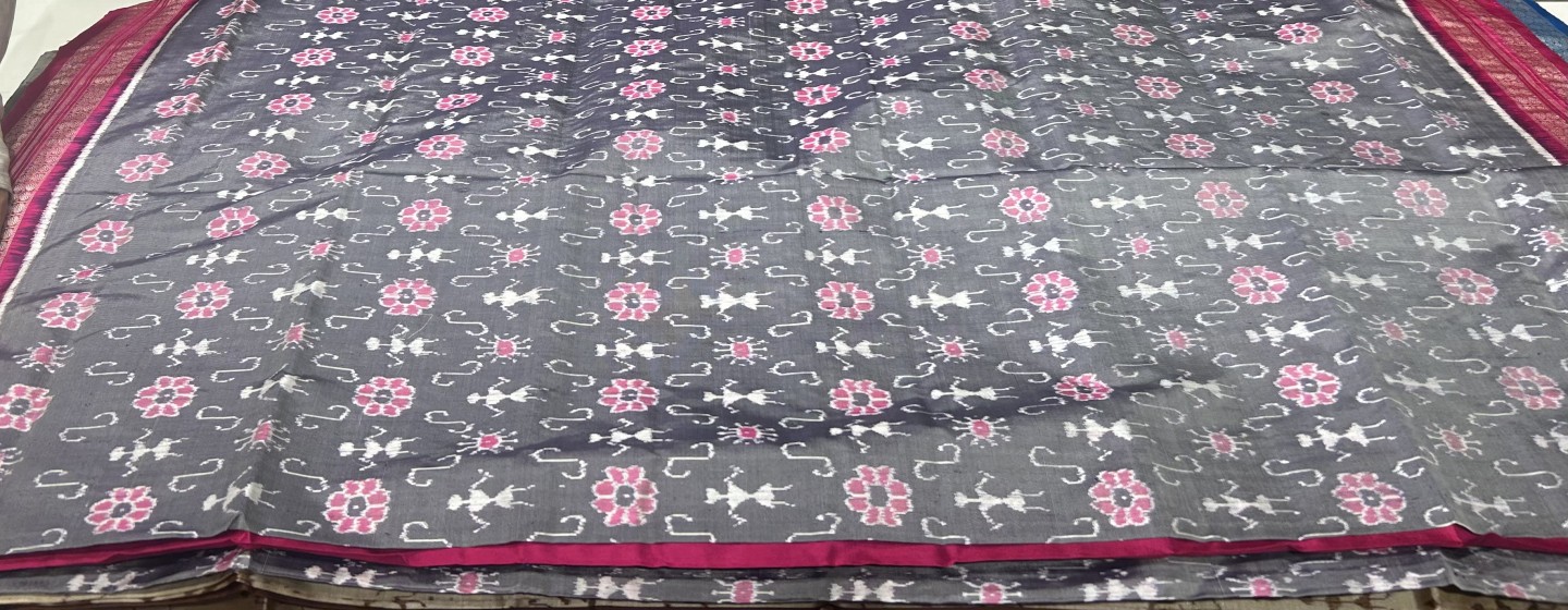 Beautiful gray and pink combination traditional Ikat weave silk saree with blouse piece