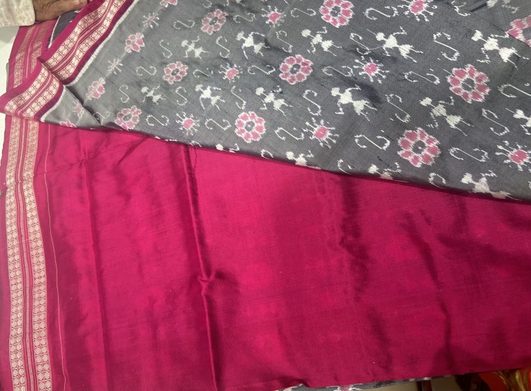 Beautiful gray and pink combination traditional Ikat weave silk saree with blouse piece