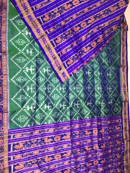 Tribal motifs all over Ikat work patli pallu Khandua silk saree without blouse piece