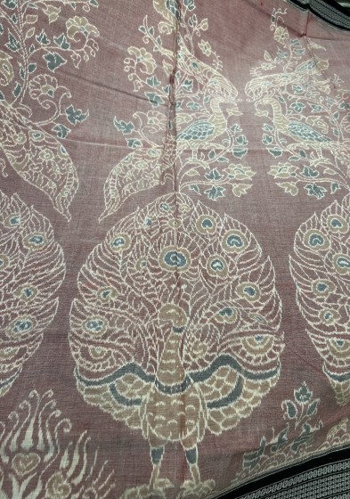 Beautiful peacock motifs theme Ikat weave cotton saree with blouse piece