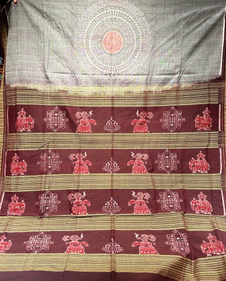 Centrally placed jhoti motifs on the body with elephant and lotus motifs Aanchal cotton Ikat saree