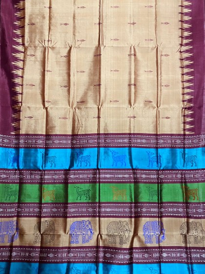 Exclusively woven animal motifs double Aanchal Berhampuri silk saree with blouse piece