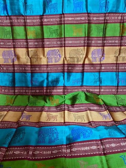 Exclusively woven animal motifs double Aanchal Berhampuri silk saree with blouse piece