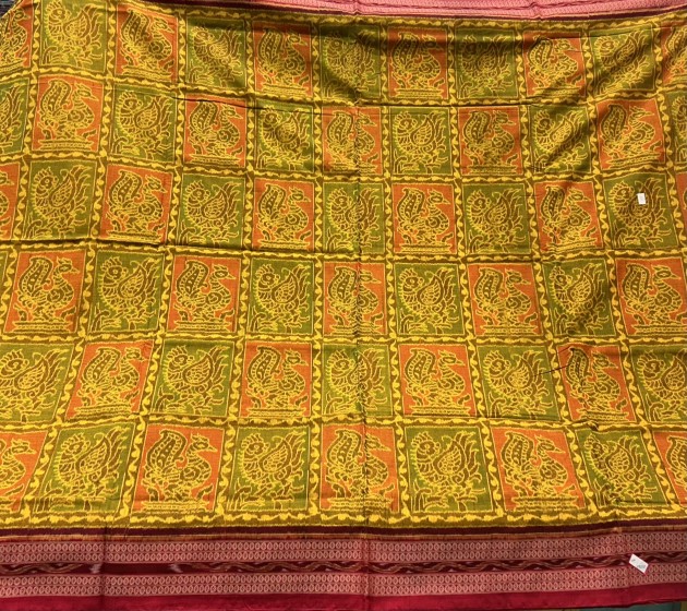 Beautiful peacock motifs Ikat weave cotton saree with blouse piece