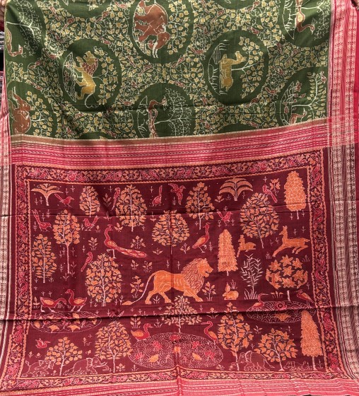 Master weaver s creation animal bird motifs Jungle theme cotton Ikat saree with blouse piece