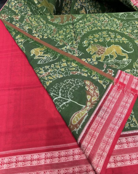 Master weaver s creation animal bird motifs Jungle theme cotton Ikat saree with blouse piece