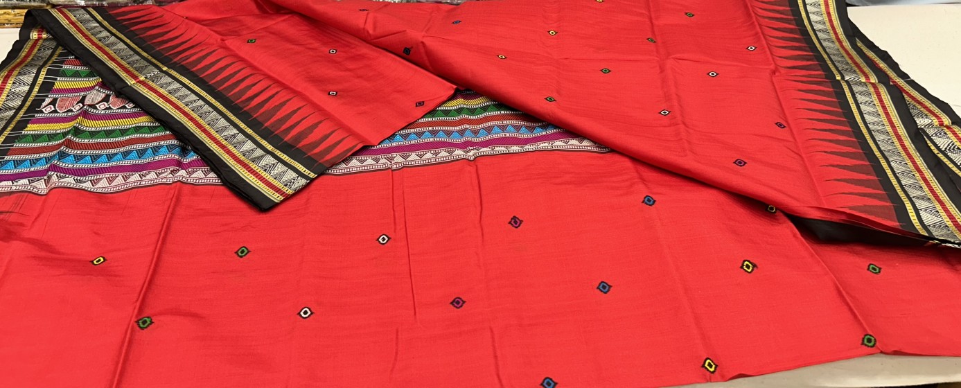 Beautiful Red and black combination Dongria Silk saree with works on blouse