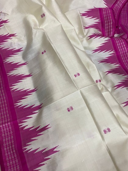 Heavy thread work multicoloured double Aanchal milky white and pink combination Berhampuri silk sare