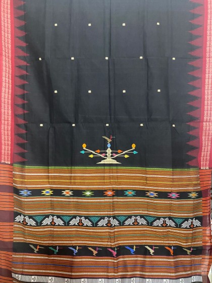 Black and red combo fish buta border bird motifs Ganjam Bomkai saree with blouse piece