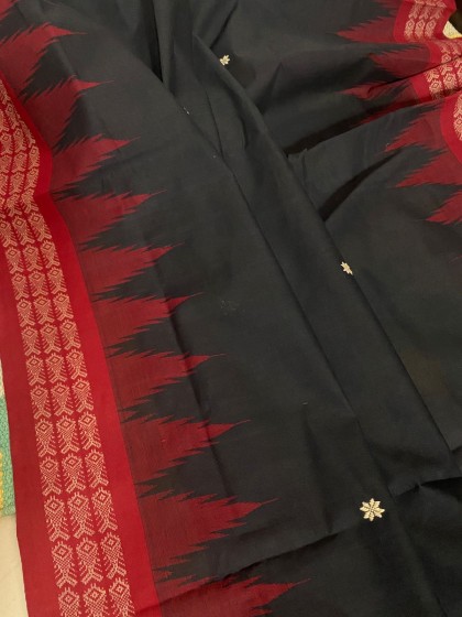 Black and red combo fish buta border bird motifs Ganjam Bomkai saree with blouse piece