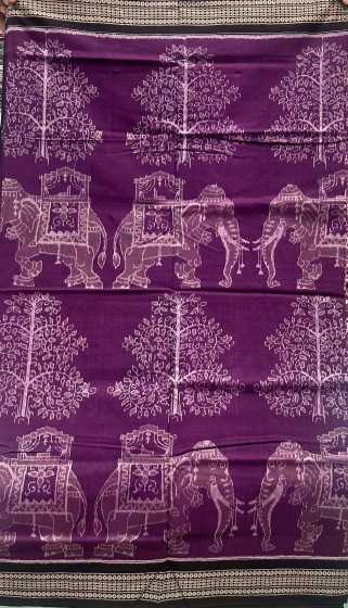 Exclusively woven elephant and tree motifs cotton Ikat saree with blouse piece