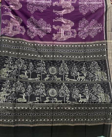 Exclusively woven elephant and tree motifs cotton Ikat saree with blouse piece