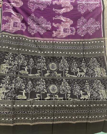 Exclusively woven elephant and tree motifs cotton Ikat saree with blouse piece