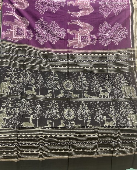 Exclusively woven elephant and tree motifs cotton Ikat saree with blouse piece