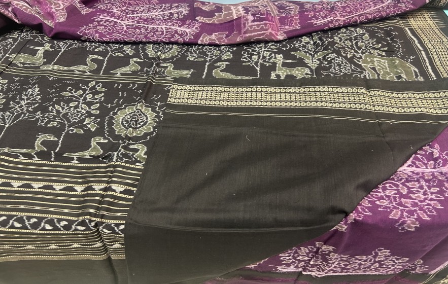 Exclusively woven elephant and tree motifs cotton Ikat saree with blouse piece