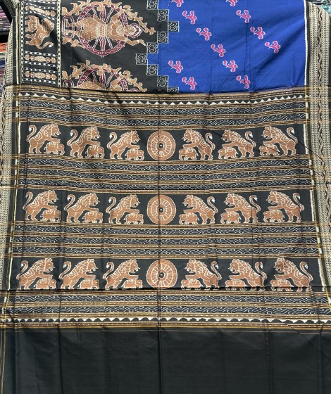 Exclusively woven wheel dancers and animal motifs cotton Ikat saree with blouse piece