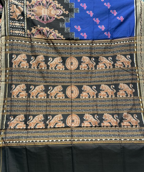 Exclusively woven wheel dancers and animal motifs cotton Ikat saree with blouse piece