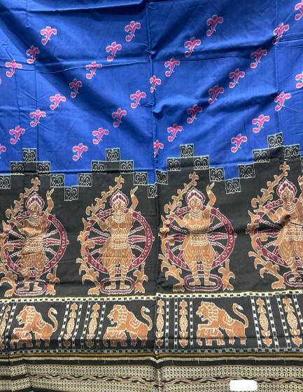 Exclusively woven wheel dancers and animal motifs cotton Ikat saree with blouse piece