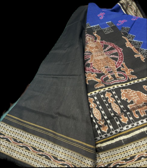 Exclusively woven wheel dancers and animal motifs cotton Ikat saree with blouse piece