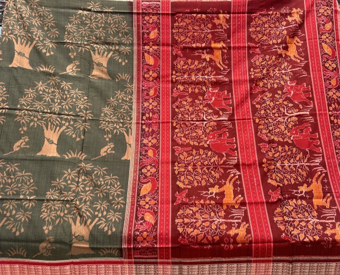 Intricately woven beautiful trees and animal motifs cotton Ikat saree with blouse piece