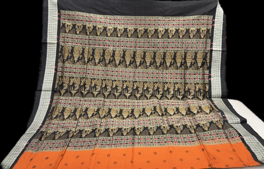 Ancient Kalinga boita boat with chariot motifs Bomkai Silk saree with Blouse piece