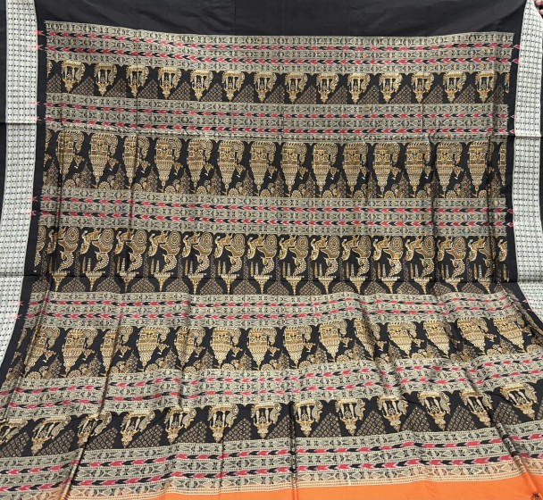 Ancient Kalinga boita boat with chariot motifs Bomkai Silk saree with Blouse piece