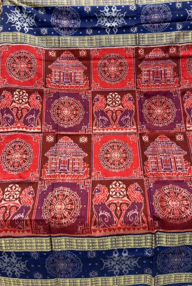 Beautiful wheel motifs border with temple theme body cotton Ikat saree with blouse piece