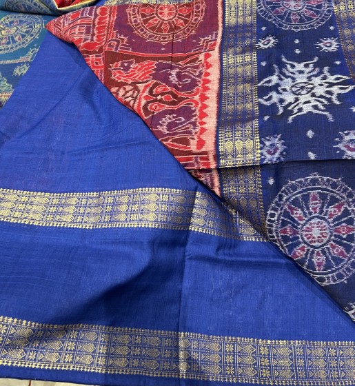 Beautiful wheel motifs border with temple theme body cotton Ikat saree with blouse piece