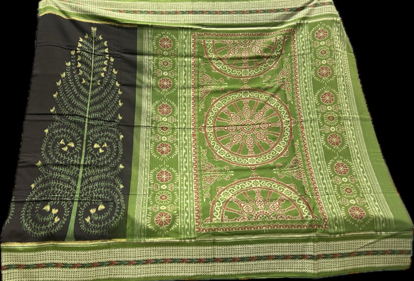 Beautiful tree of life theme body with chakra motifs Aanchal cotton Ikat saree with blouse piece