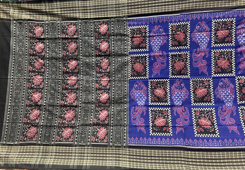 Exquisite fish and lotus motifs exclusively woven  Cotton ikat saree with blouse piece