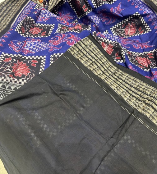 Exquisite fish and lotus motifs exclusively woven  Cotton ikat saree with blouse piece